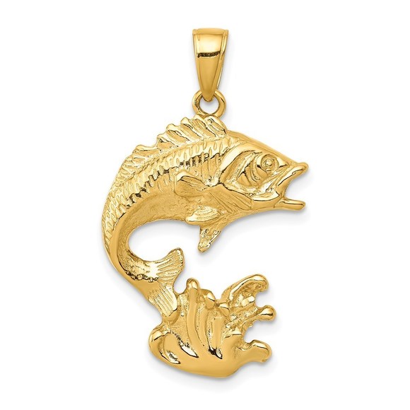 14k Yellow Gold Polished Open-Backed Bass Fish Necklace Charm Pendant